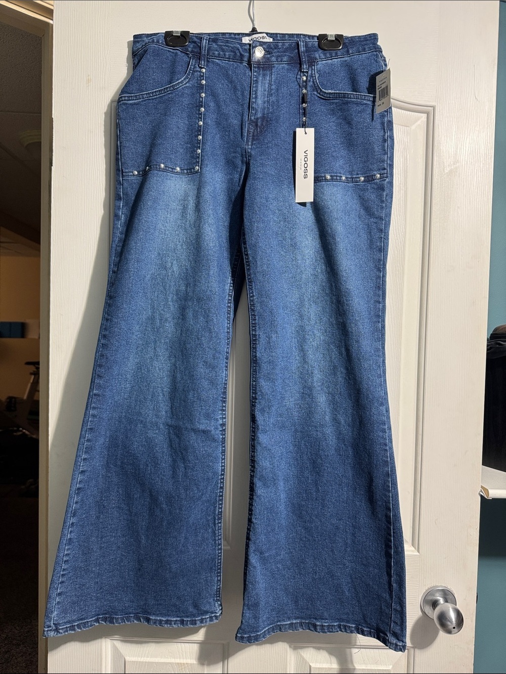 Vigoss Studded Wide Leg Jeans NWT Women’s Size 32 Blue High Rise Y2K Denim